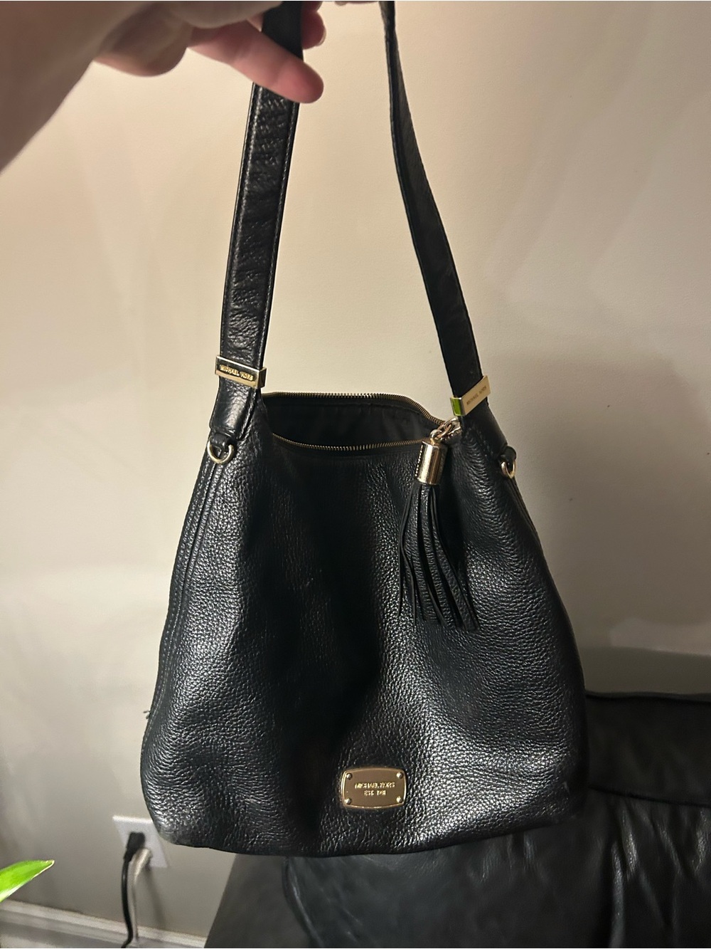 Michael Kors Black Pebbled Leather Shoulder Bag with Tassel